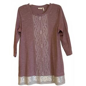 LOGO by Lori Goldstein Mauve Long Sleeve Embroidered Tunic Top with Lace Hem, M